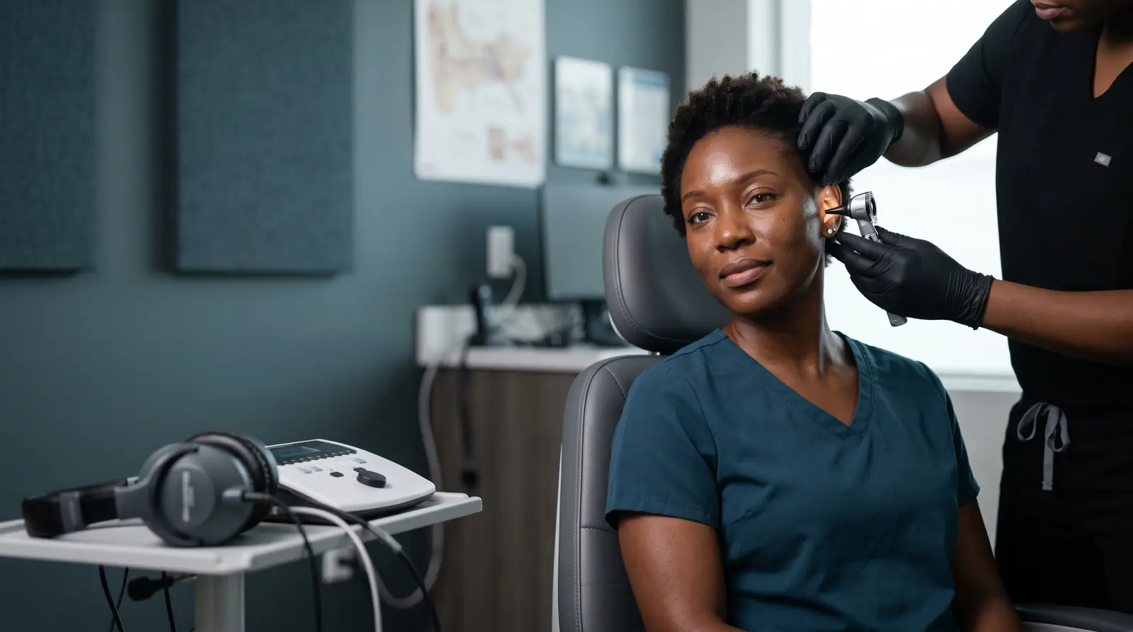 Blossom Hearing audiologist examining a patient’s ear with an otoscope